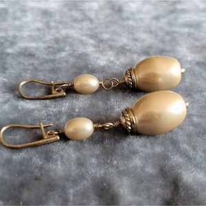 Vintage Faux Champagne Pearl Earrings Goldtone Pierced Dangling